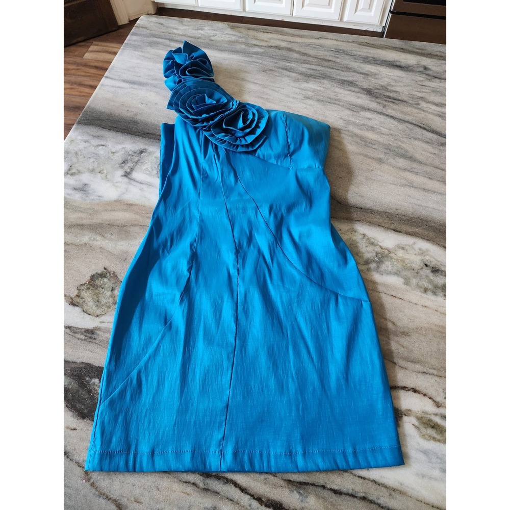 Y2K One Shoulder Rosette Mini Dress Turquoise Blue Small Cocktail